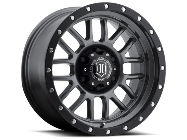 A photo of a black ICON brand offroad wheel.
