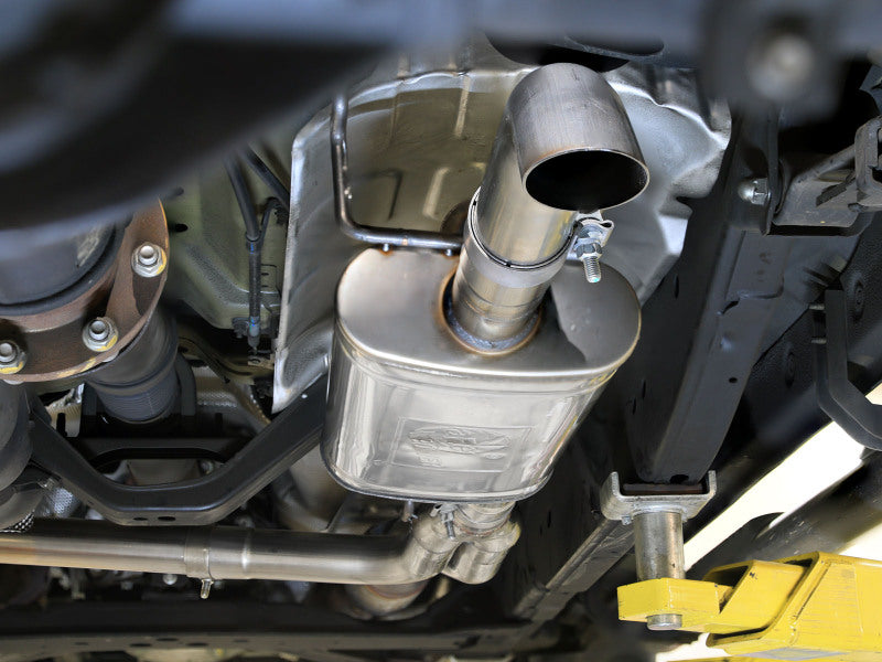 Under-chassis view of stainless steel axle-back exhaust system. Authorized dealer for Injen and aFe with best prices and fast shipping