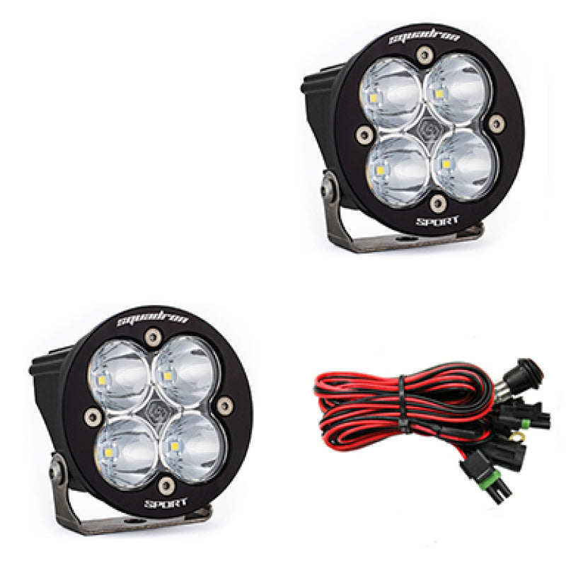 baja designs squadron r LED light pods with wiring harness for easy plug and play install. In stock and ready to ship now. Free and fast shipping at OffRoadUSA.