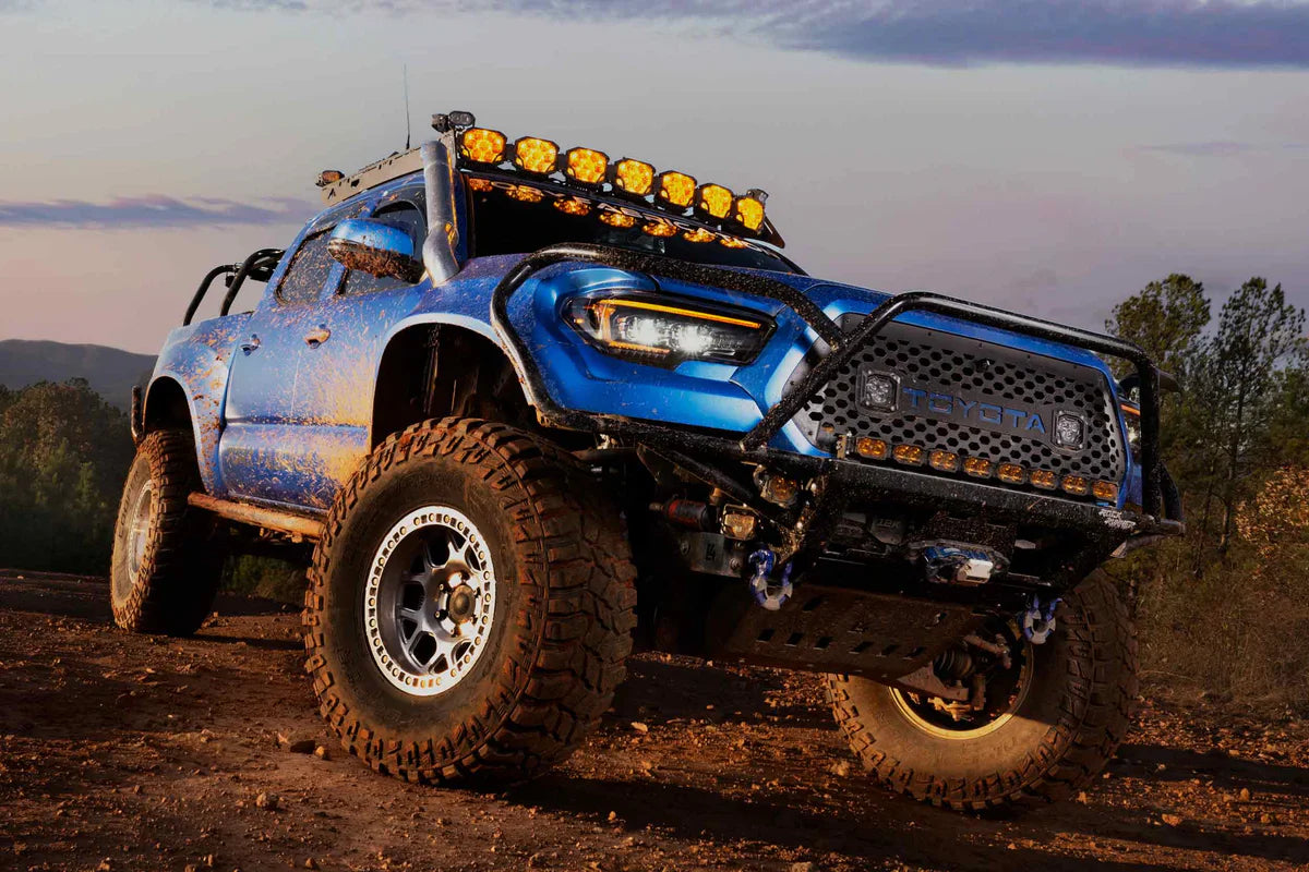 upgraded LED headlights and pod linked roof rack lighting on Toyota Tacoma
