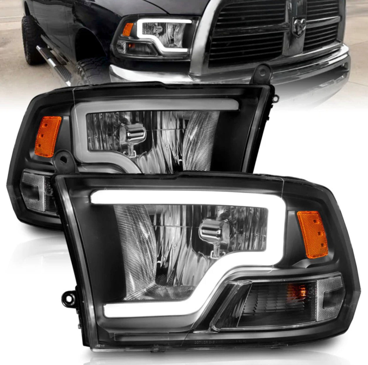 Anzo Black U-Bar projector headlights installed on a Dodge Ram. Modern LED DRL styling and improved beam focus from OffRoadUSA.