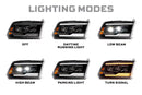 Illustration of different car headlights in various lighting modes on a white background.