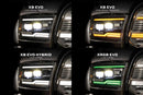 Comparison of different headlight models labeled XB EVO, XRGB EVO, and Hybrid on a black background.