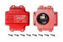 Red automotive parts with screws on a white background