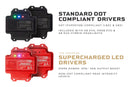 Two LED drivers, one black and one red, with text about compliance and features on a white background.
