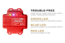 Red electronic module with indicator lights and text on a white background