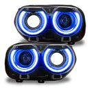 Dodge Challenger headlights with blue DRLs.