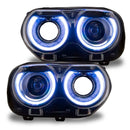 Dodge Challenger headlights with cool white DRLs.
