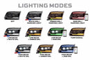 Illustration of various car headlights with labeled lighting modes on a white background.