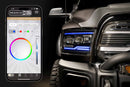 Smartphone app controlling car lights with a vehicle in the background