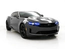 Three quarters view of a Chevrolet Camaro with blue headlight DRLs.