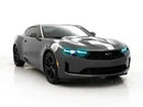 Three quarters view of a Chevrolet Camaro with cyan headlight DRLs.