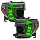 GMC Sierra 1500 headlights with green demon eye projectors.