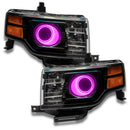 Ford Flex headlights with pink LED halo rings.