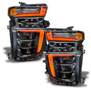 Chevrolet Silverado headlights with red DRLs.