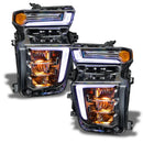 Chevrolet Silverado headlights with amber demon eye projector.