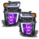 Chevrolet Silverado headlights with purple demon eye projector.