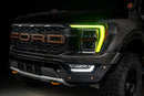 Front end of a Ford F-150 with yellow headlight DRLs