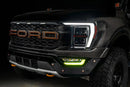Front end of a Ford F-150 with yellow fog light DRLs