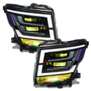 2021-2024 Nissan Titan headlights with yellow demon eye projectors.