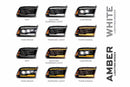 Diagram of car headlights in various lighting modes on a white background