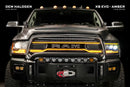 Front view of a black Ram truck with illuminated headlights and grille on a dark background.