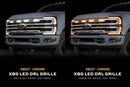 Two views of a Ford truck's front grille with LED DRL grilles labeled XBG37 Chrome made by Morimoto.