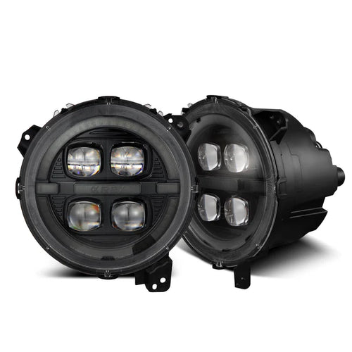 A pair of AlphaRex NOVA-Series LED projector headlights designed for Jeep Wrangler JL and Gladiator JT models, featuring a black housing and ice-cube projector lens design.