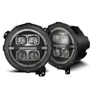 A pair of AlphaRex NOVA-Series LED projector headlights for Jeep Wrangler JL and Gladiator JT, featuring a black housing and ice-cube projector design.