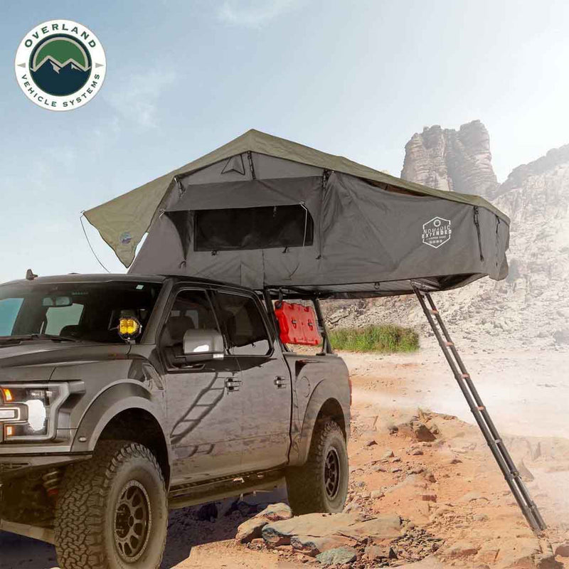 Overland Vehicle Systems HD Nomadic 3 Extended Soft Shell Roof Top Tent, Grey Body & Green Rainfly