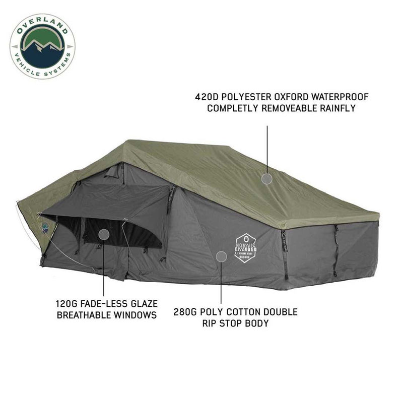 Overland Vehicle Systems HD Nomadic 3 Extended Soft Shell Roof Top Tent, Grey Body & Green Rainfly