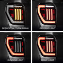 Four views of a car's tail light showing sequential turn signal, reverse light, running light, and brake light.