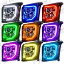 Grid view of GMC Yukon headlights showing different LED halo colors.