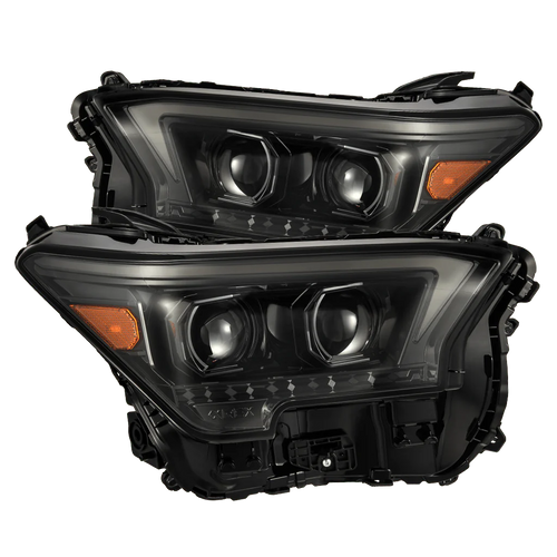 A pair of AlphaRex OG-Style LUXX-Series LED Projector Headlights for Toyota Tacoma and 4Runner, featuring a black housing with LED lighting elements.