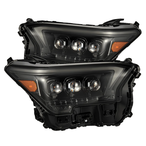 A pair of AlphaRex NOVA-Series LED projector headlights for Toyota vehicles, featuring a black housing with LED tubes and ice-cube projectors.