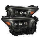 A pair of AlphaRex NOVA-Series LED projector headlights for Toyota vehicles, featuring a black housing with LED tubes and ice-cube projectors.