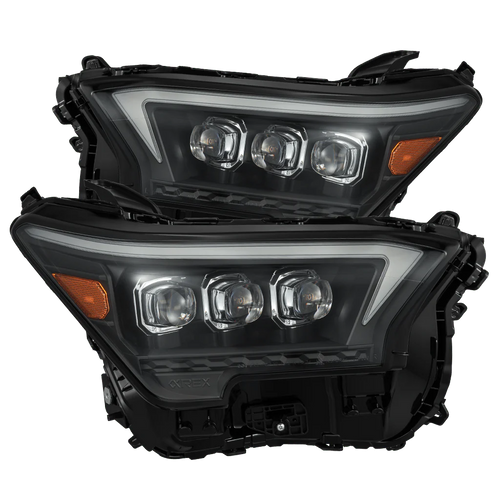 A pair of AlphaRex NOVA-Series LED projector headlights for Toyota vehicles, featuring a black housing with modern LED lighting elements.