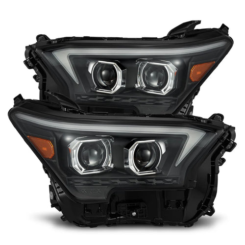 A pair of AlphaRex LUXX-Series LED projector headlights for Toyota vehicles, featuring a black housing with a modern LED tube design on the top edges.