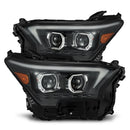 A pair of AlphaRex LUXX-Series LED projector headlights for Toyota vehicles, featuring a black housing with a modern LED tube design on the top edges.