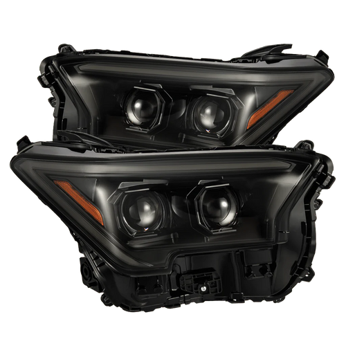 A pair of AlphaRex LUXX-Series LED projector headlights for Toyota vehicles, featuring a black housing with LED lighting elements.