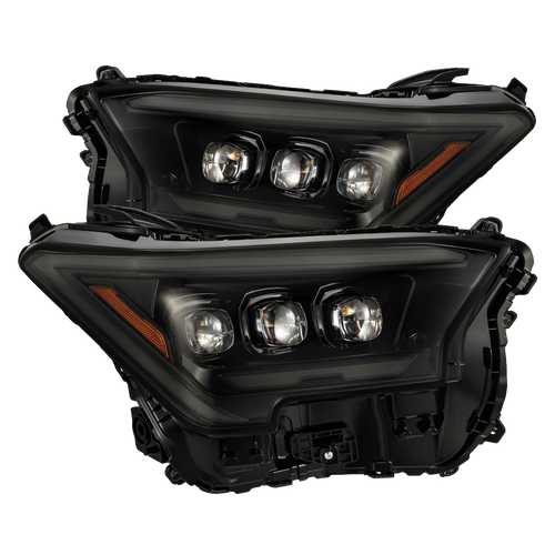 A pair of AlphaRex NOVA-Series LED projector headlights for Toyota vehicles, featuring a black housing with three projector lenses and LED lighting elements.