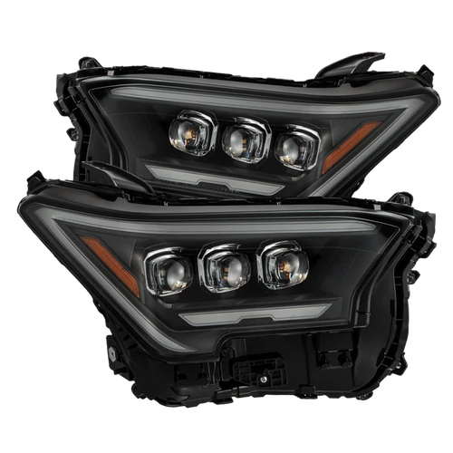A pair of AlphaRex NOVA-Series LED projector headlights for Toyota vehicles, featuring a black housing with three ice-cube projector lenses and LED tubes for Daytime Running Light (DRL) functionality.