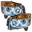 Nissan Titan headlights with white LED halo rings.