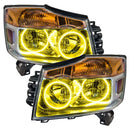 Nissan Titan headlights with yellow LED halo rings.