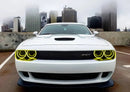 Front end of a white Dodge Challenger with yellow LED headlight halo rings installed.