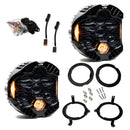 Pair of motorcycle headlights with additional parts on a white background