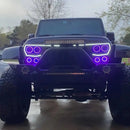 Front end of a Jeep Wrangler with Vector™ Series Grill LED Halo Kit installed.