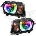 Chevrolet Camaro headlights with ColorSHIFT LED halo rings.