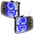 Chevrolet Silverado headlights with blue LED halo rings.