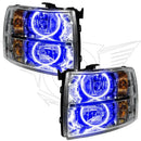 Chevrolet Silverado headlights with blue LED halo rings.